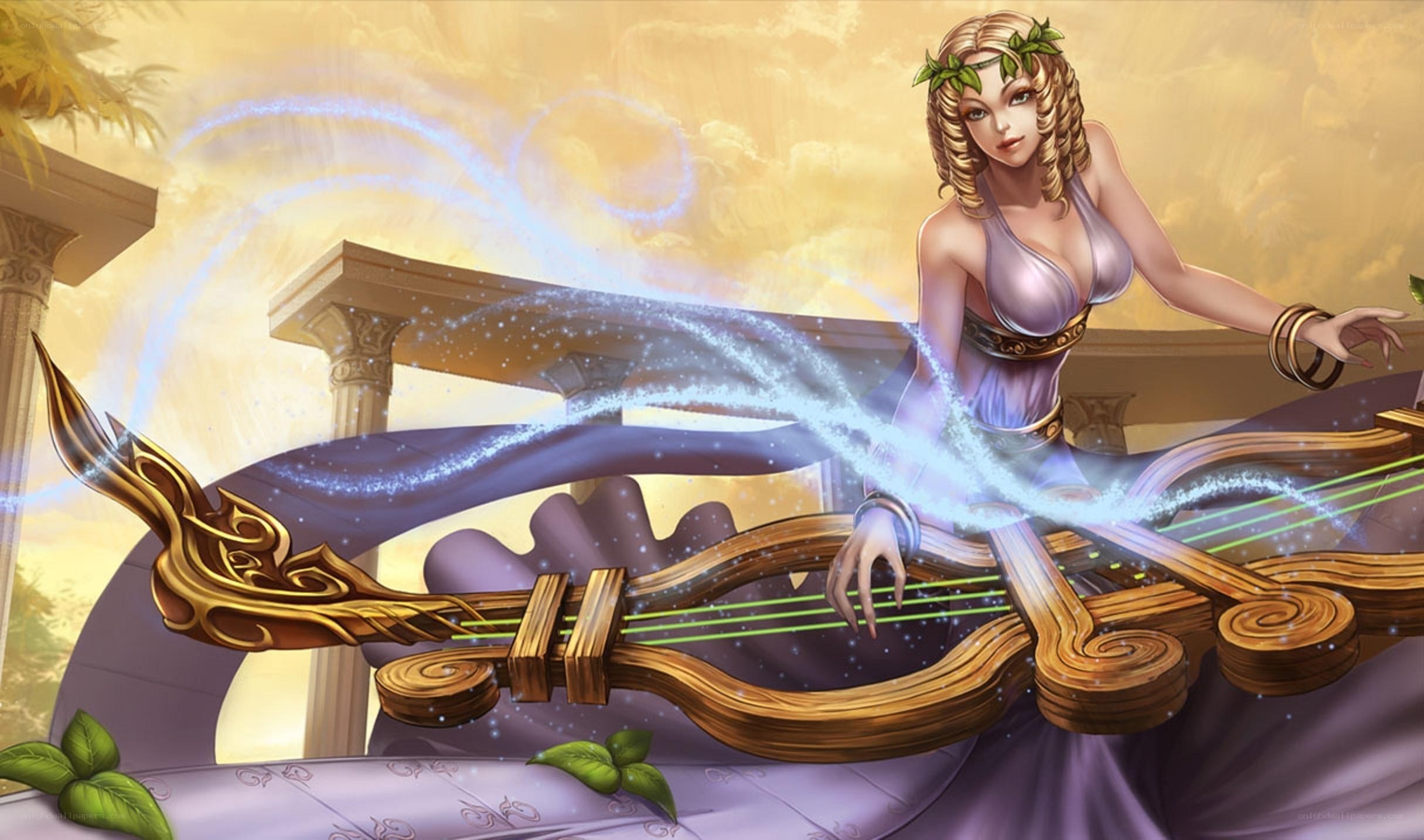 Woman playing a harp with magic