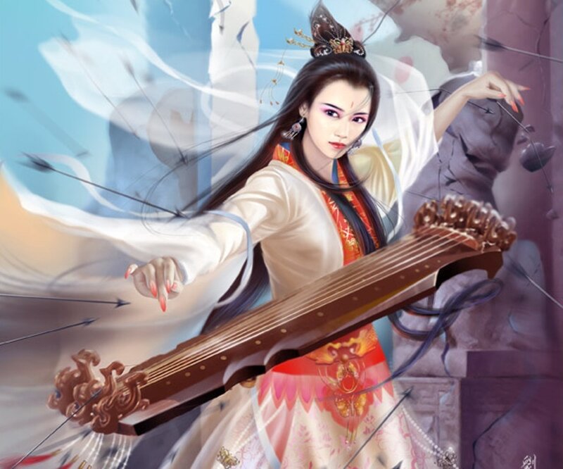 Woman playing a lute in battle