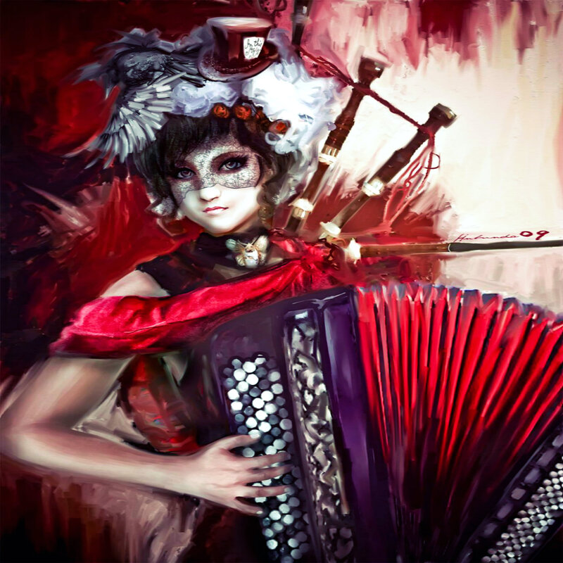 Woman Playing Accordion — Red, Dramatic, Digital Art