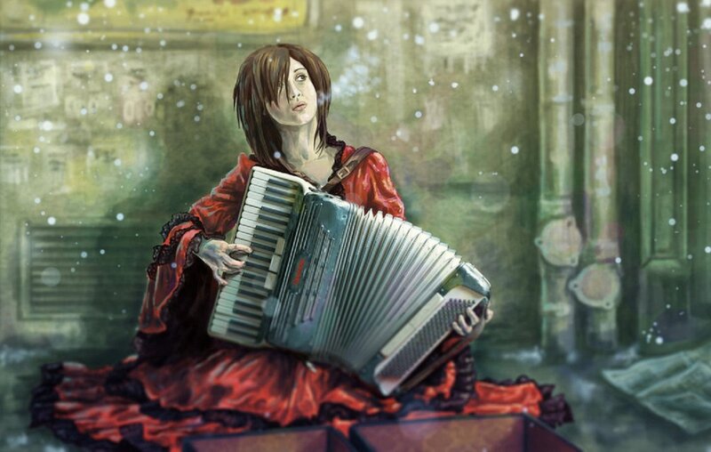 Woman Playing Accordion — Red, Melancholic