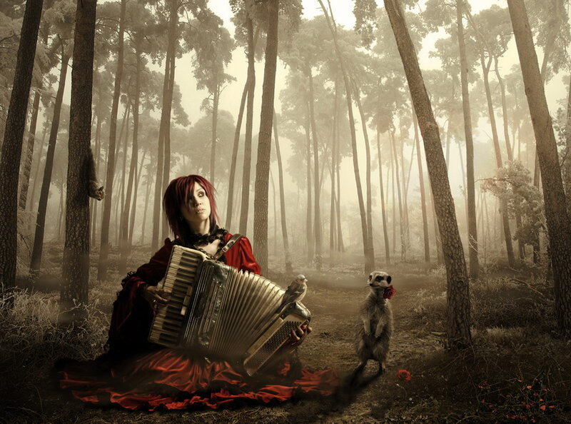Woman Playing Accordion — Red