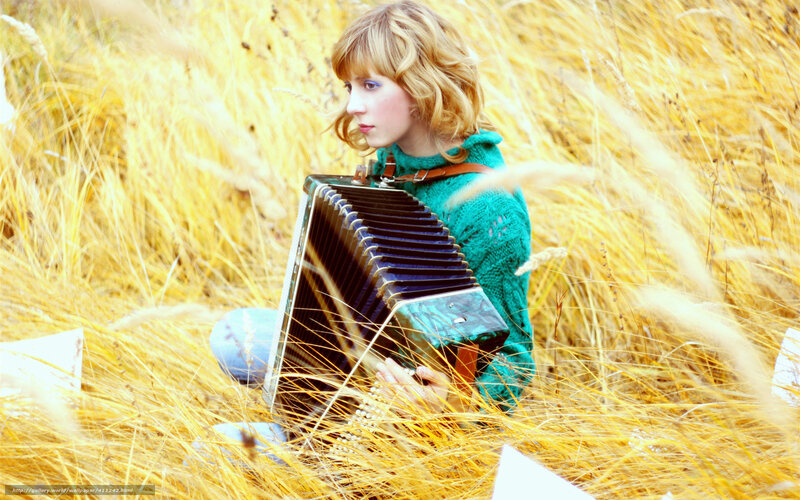 Woman Playing Accordion — Yellow, Serene