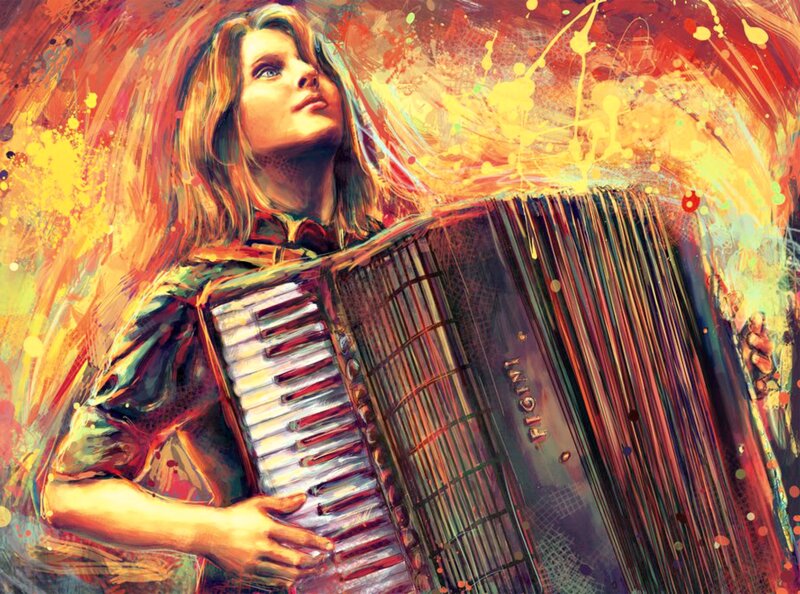 Woman Playing Accordion — Yellow
