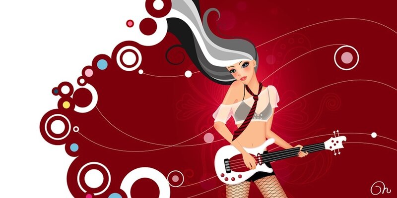 Woman Playing Bass Guitar — Red