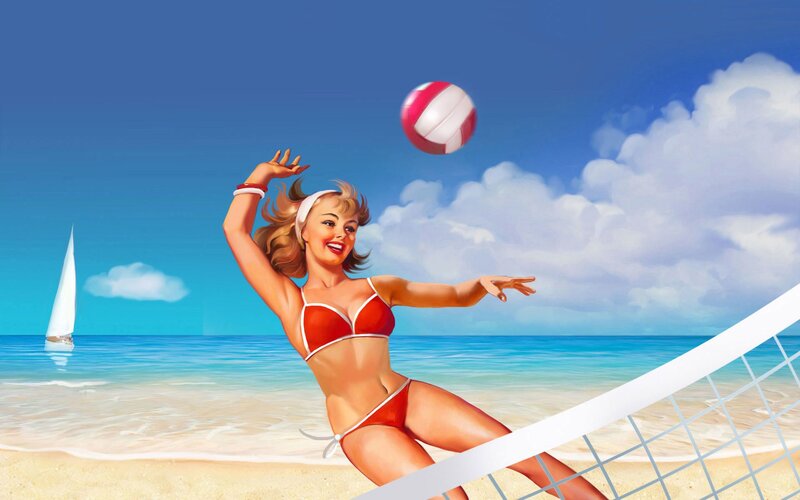Woman Playing Beach Volleyball — Blue, Playful