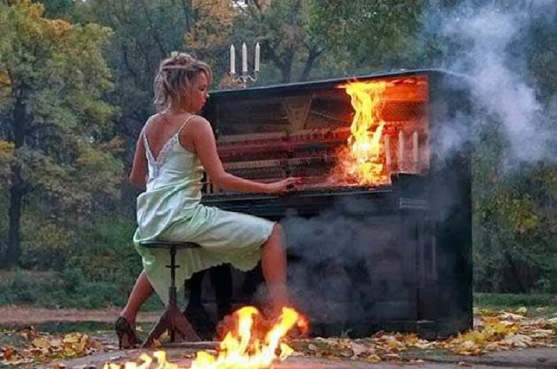 Woman Playing Burning Piano — Green