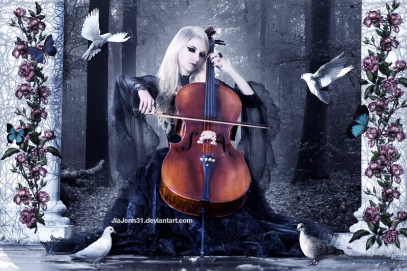 Woman Playing Cello — Black, Dramatic, Digital Art, Doves