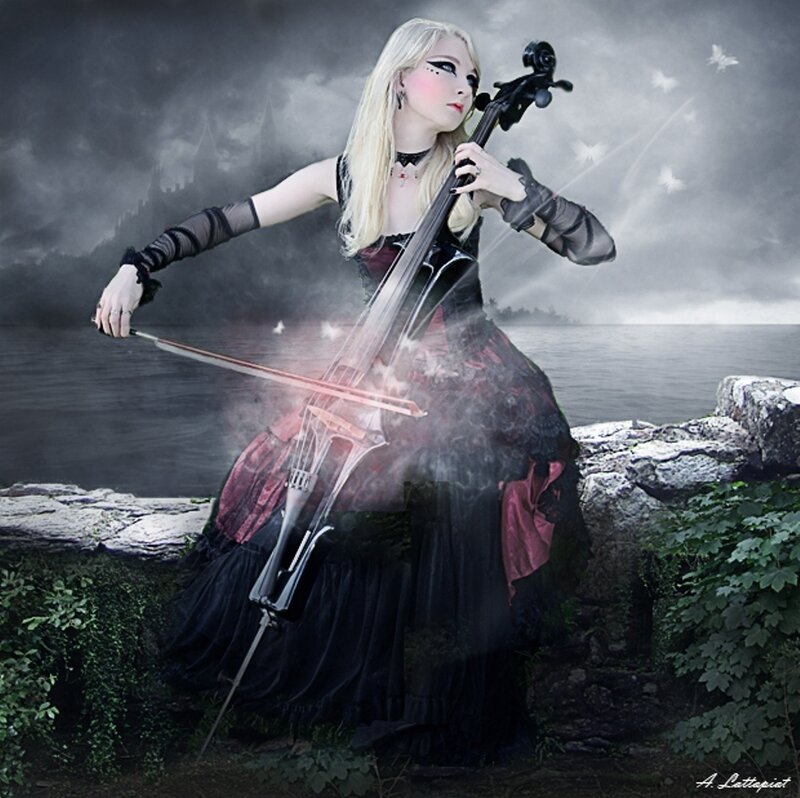 Woman Playing Cello — Black, Dramatic, Digital Art, Dress