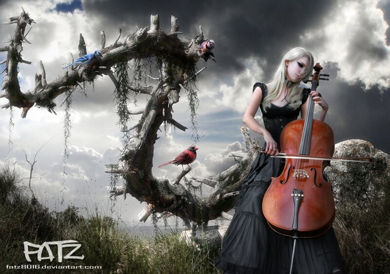 Woman Playing Cello — Black, Dramatic, Digital Art