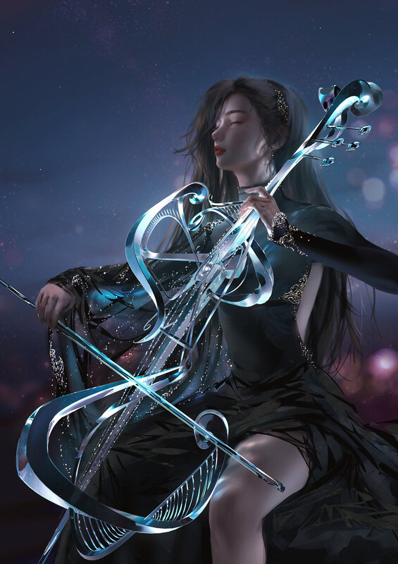 Woman Playing Cello — Black, Dramatic, Night