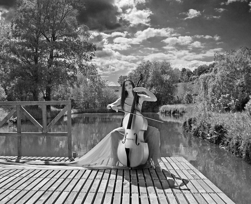 Woman Playing Cello — Black, Serene