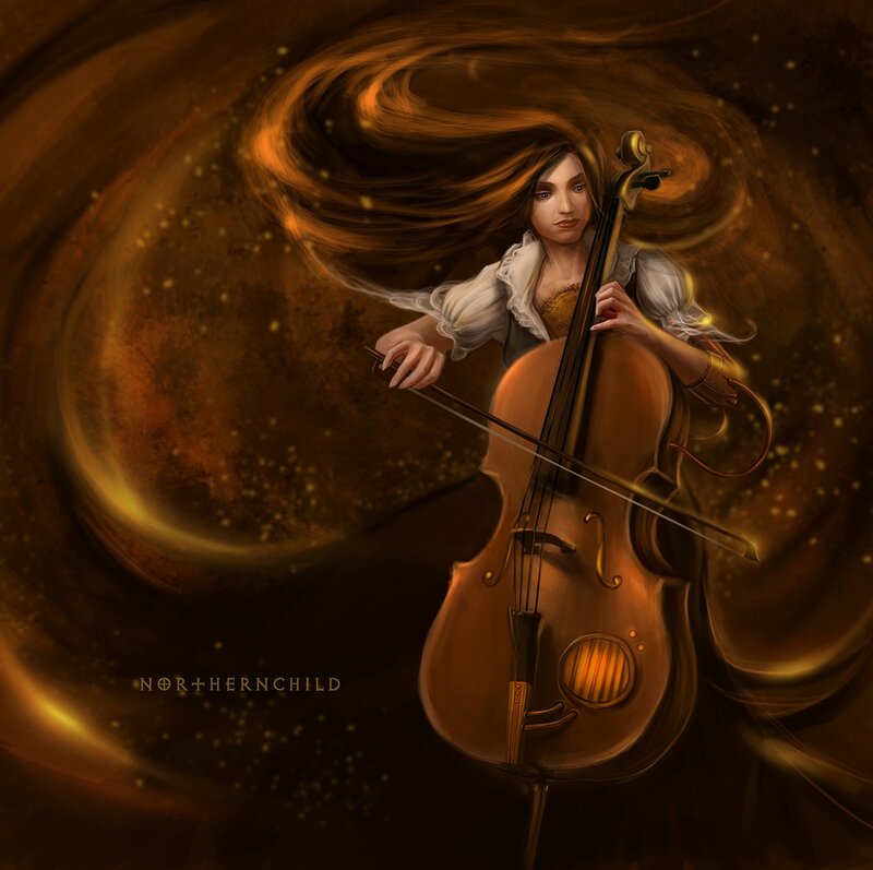 Woman Playing Cello — Brown, Dramatic, Digital Art
