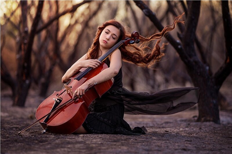 Woman Playing Cello — Brown, Dramatic, Sunset, Photograph