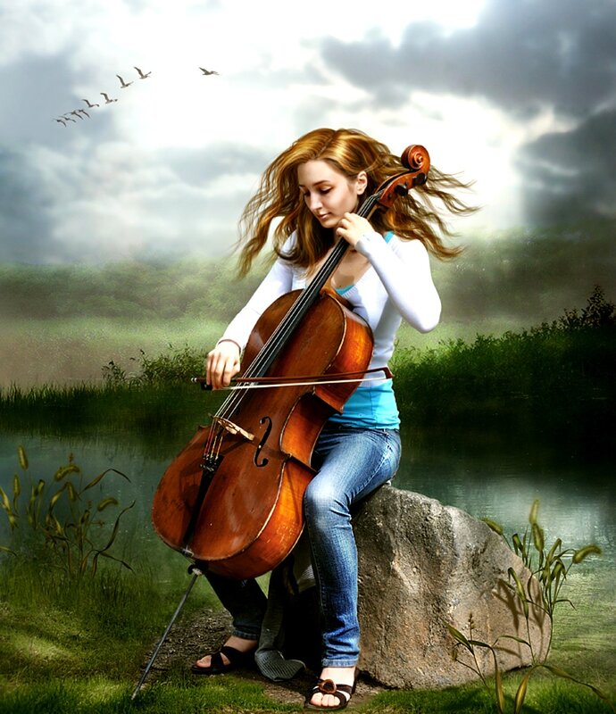 Woman playing cello by a lake