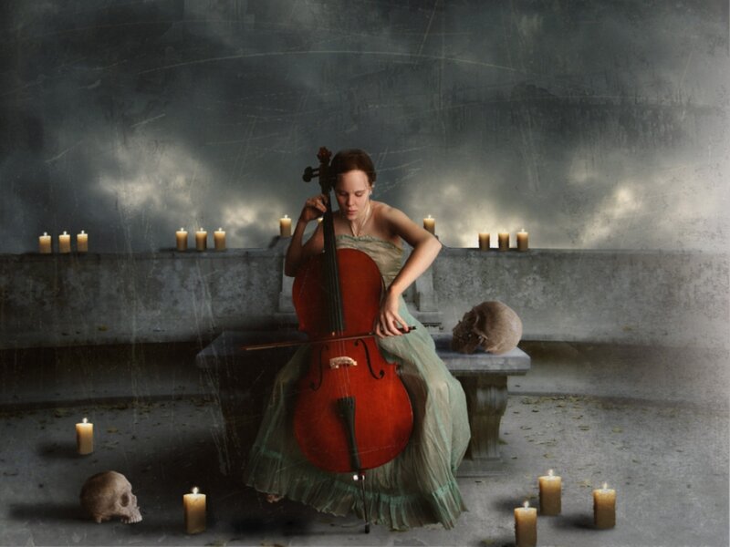 Woman Playing Cello — Gray, Dramatic