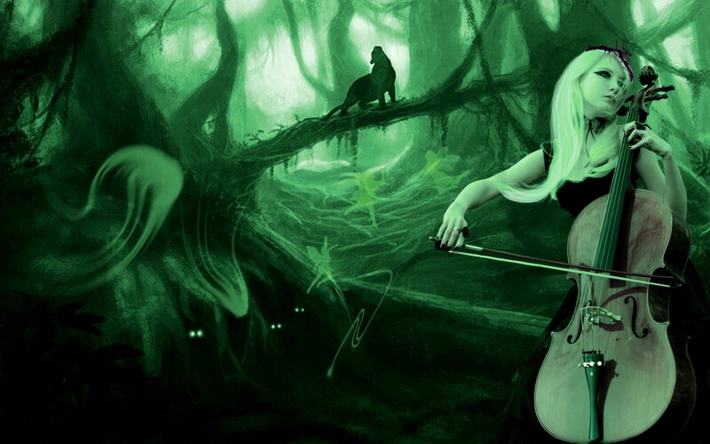 Woman Playing Cello — Green, Mystical