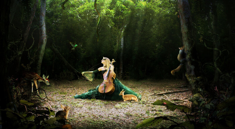 Woman Playing Cello — Green, Serene, Afternoon, Digital Art, Deer