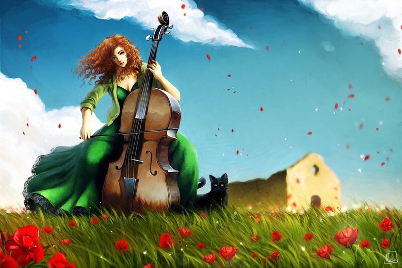 Woman Playing Cello — Green, Serene, Afternoon