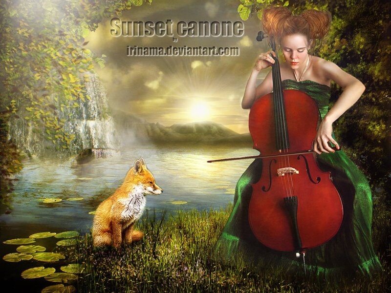 Woman Playing Cello — Green, Serene, Sunset