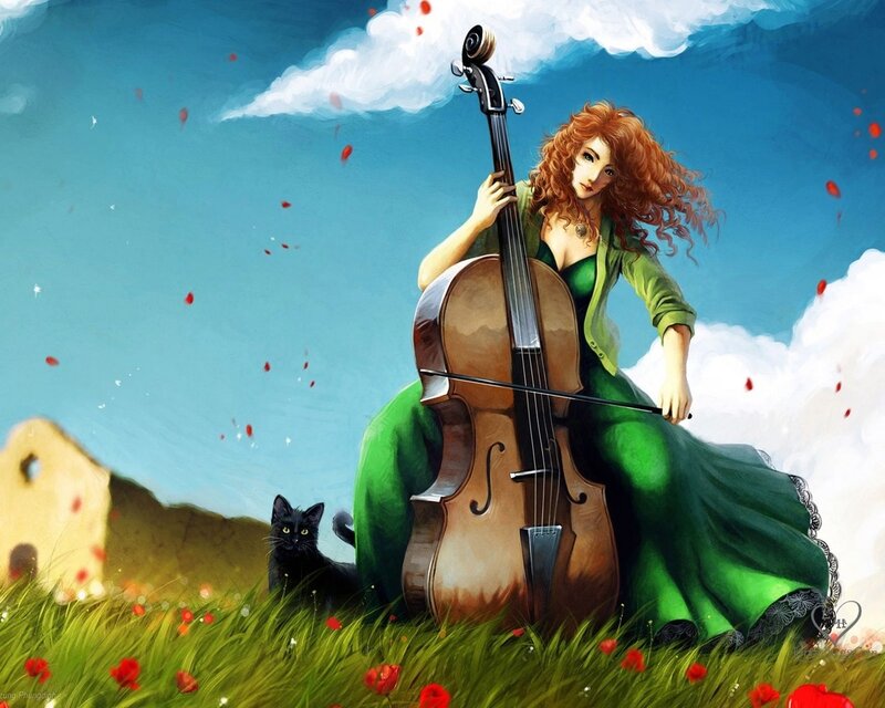 Woman Playing Cello — Green, Serene