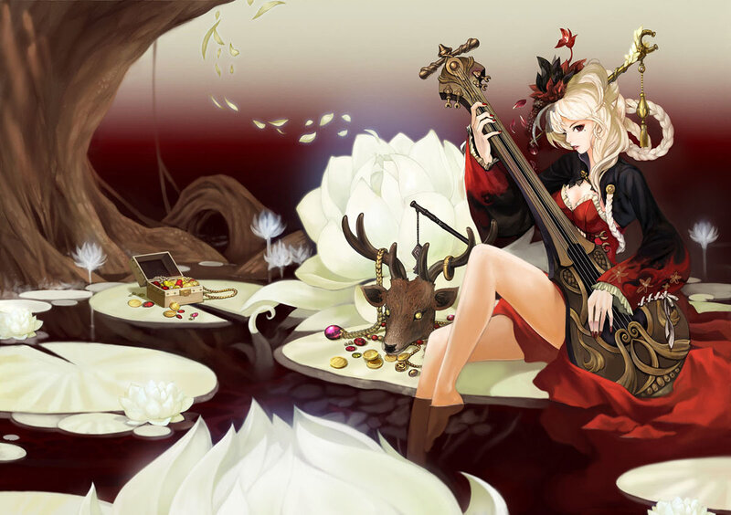 Woman playing cello in a dreamy pond