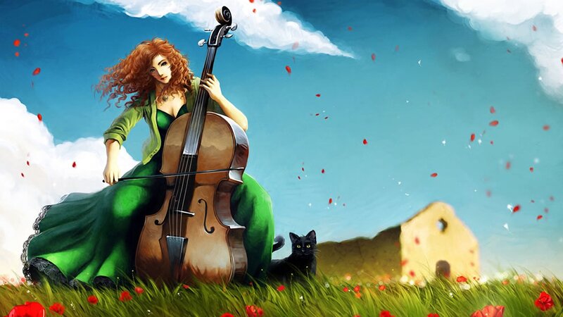 Woman playing cello in a field