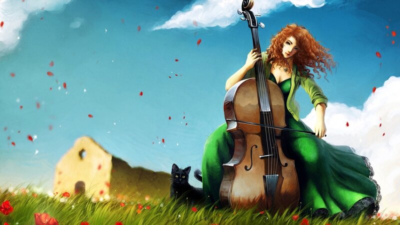 Woman playing cello in a field