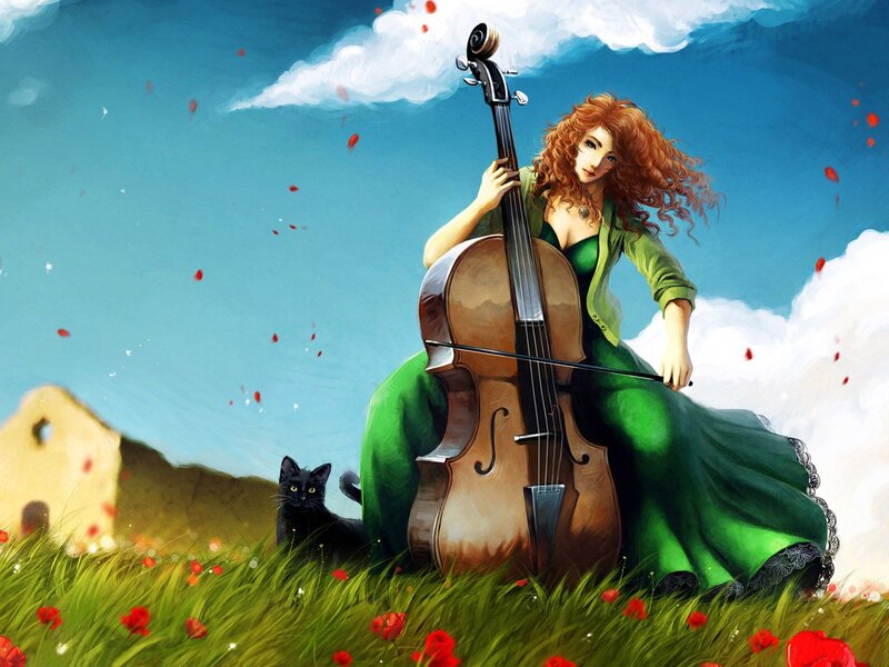 Woman playing cello in a field