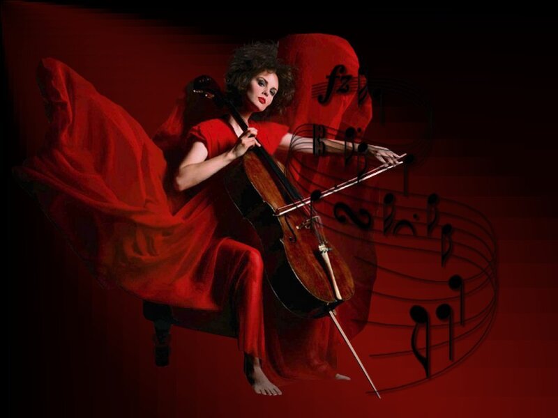 Woman playing cello in red dress