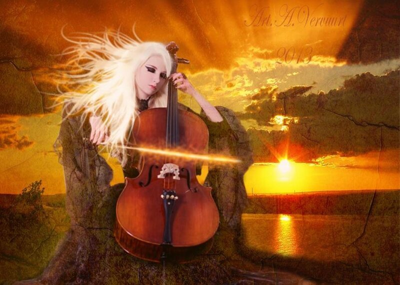 Woman Playing Cello — Orange, Dramatic