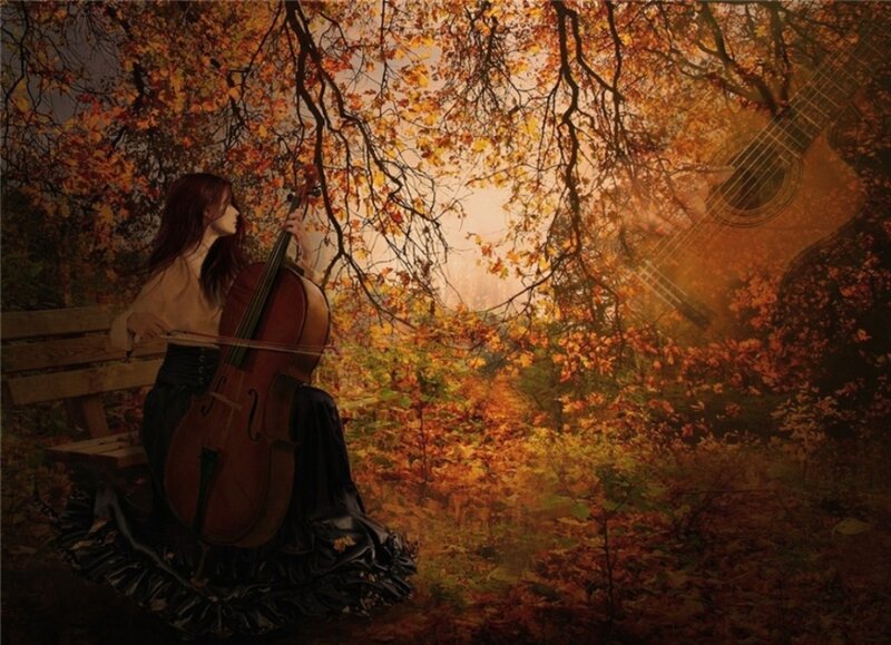 Woman Playing Cello — Orange, Serene