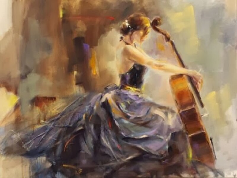 Woman Playing Cello — Purple, Dramatic, Painting
