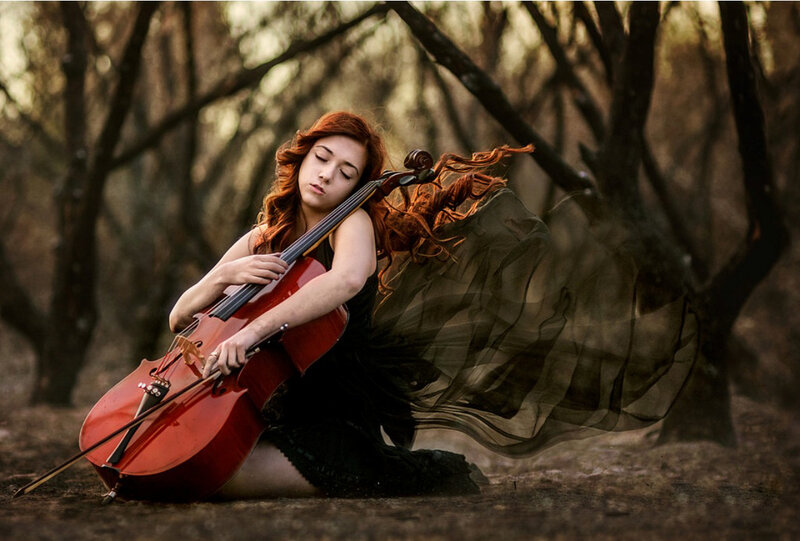 Woman Playing Cello — Red, Dramatic, Sunset