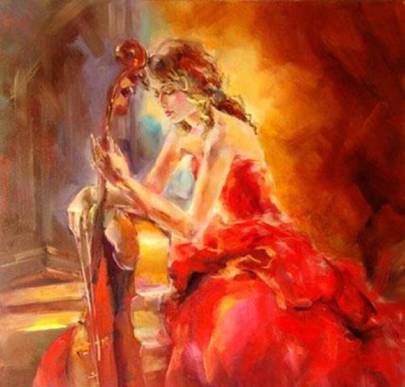Woman Playing Cello — Red, Dramatic