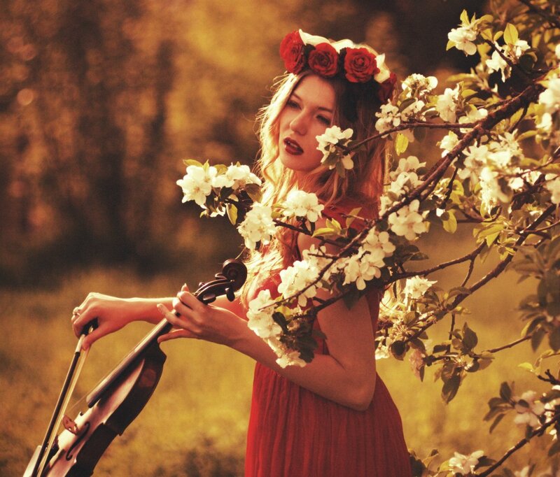 Woman Playing Cello — Red, Serene