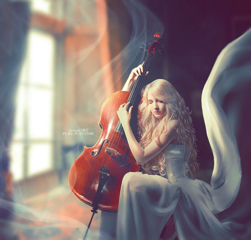 Woman Playing Cello — White, Dramatic, Digital Art