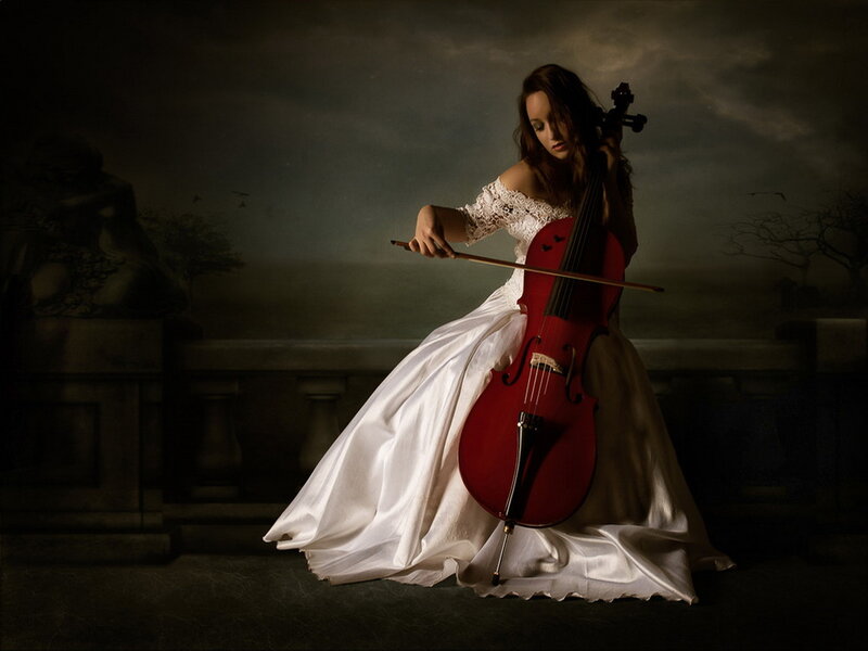 Woman Playing Cello — White, Dramatic, Night
