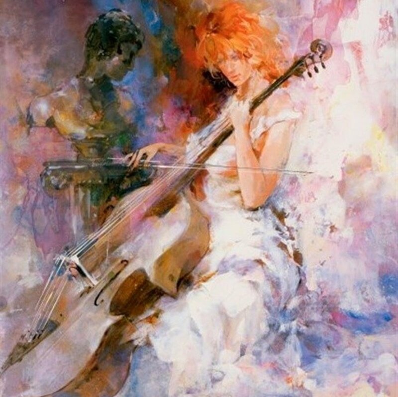 Woman Playing Cello — White, Dramatic, Painting