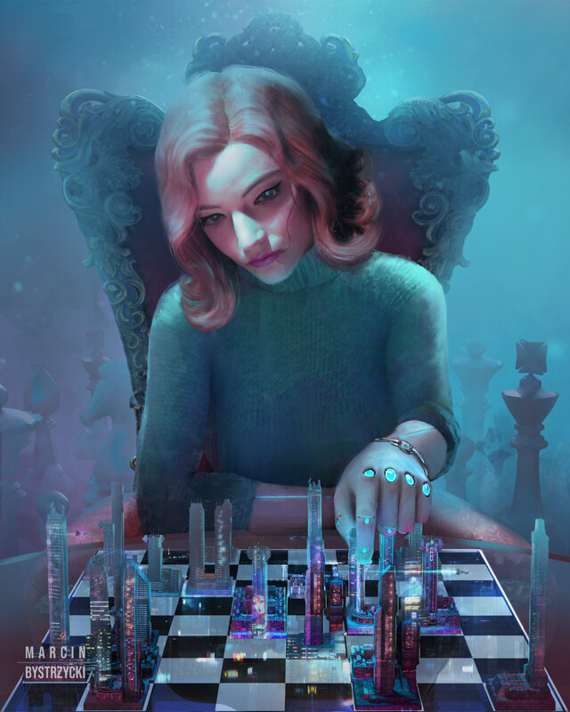 Woman Playing Chess — Blue, Dramatic