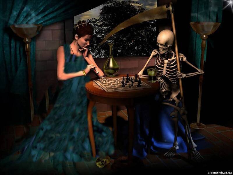 Woman playing chess with a skeleton
