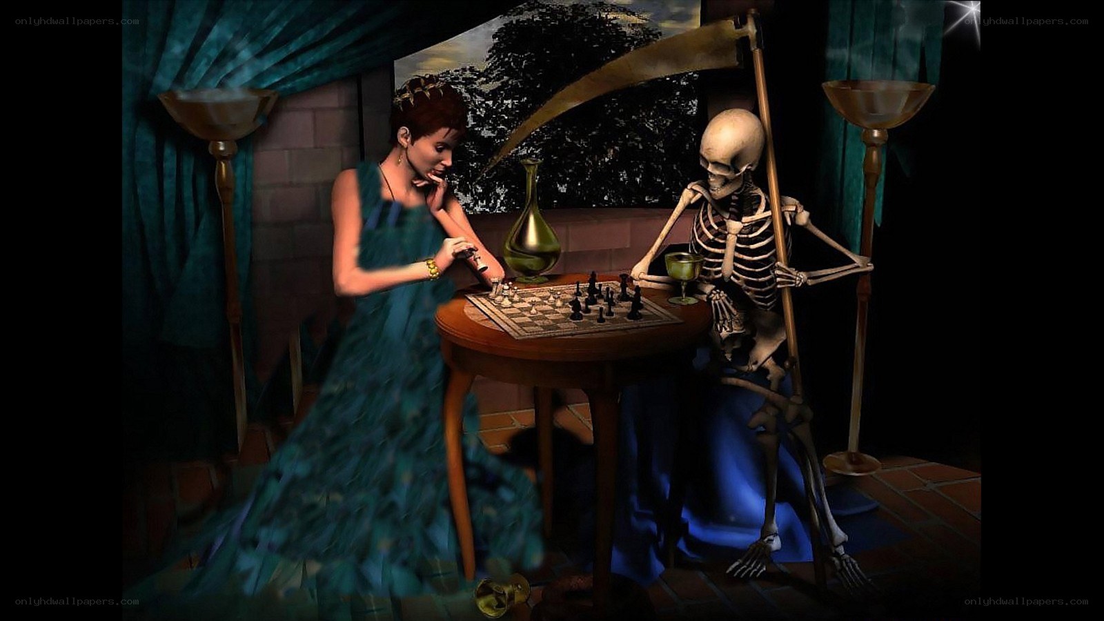 Woman playing chess with a skeleton