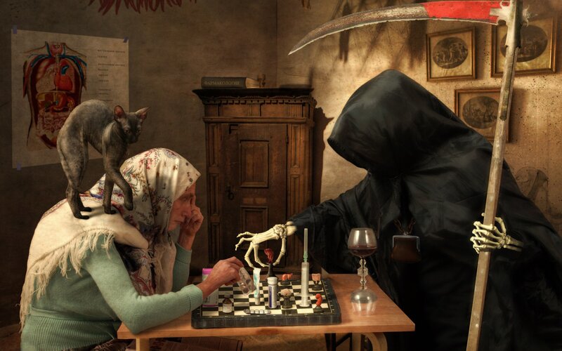 Woman Playing Chess with Grim Reaper