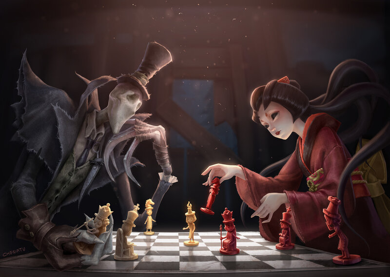 Woman Playing Chess with Skeleton