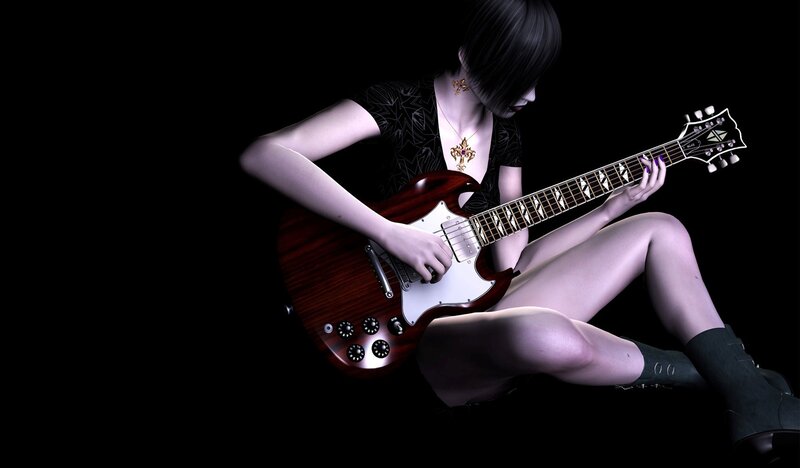 Woman Playing Electric Guitar — Black, Dramatic, 3d Render