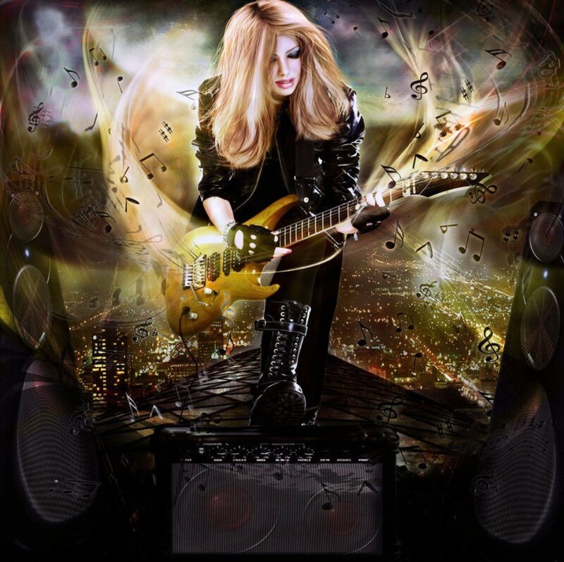 Woman Playing Electric Guitar — Black, Dramatic, Night
