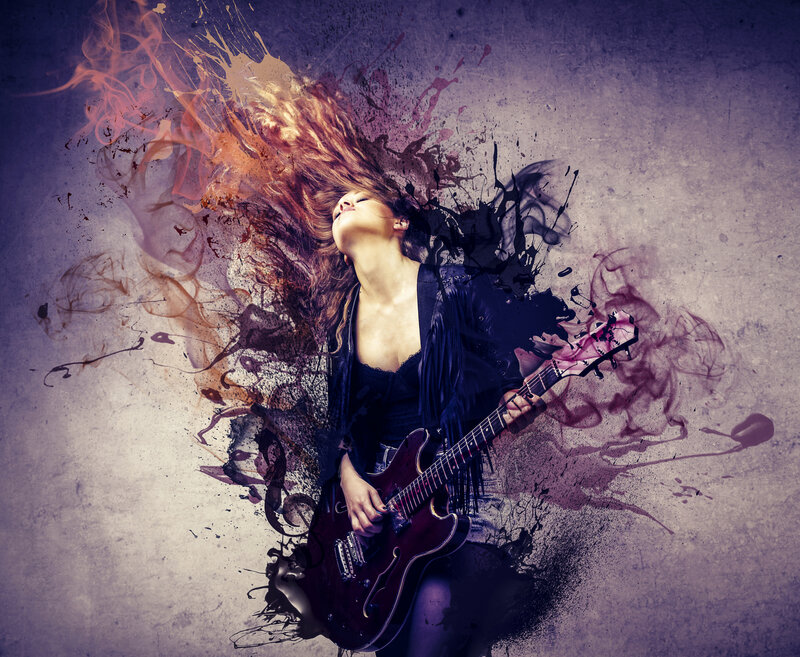 Woman Playing Electric Guitar — Purple, Dramatic, Digital Art