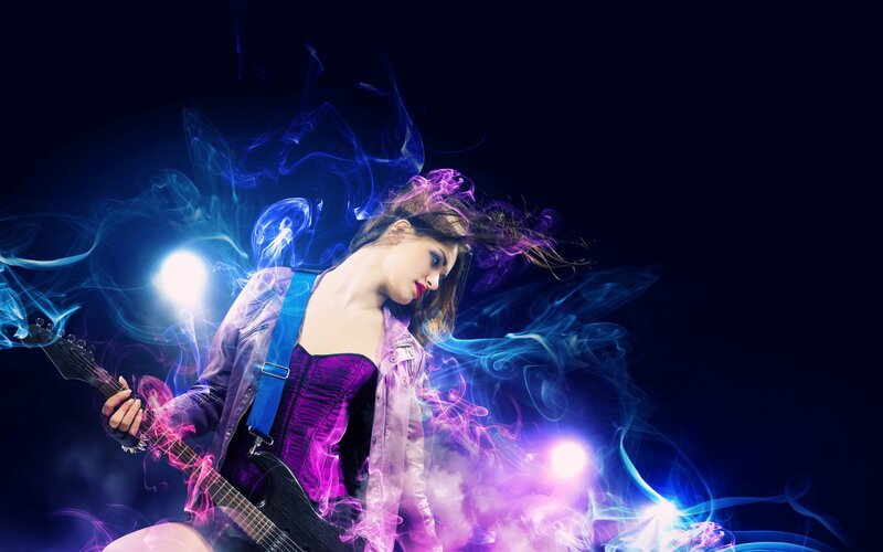 Woman Playing Electric Guitar — Purple, Dramatic, Night
