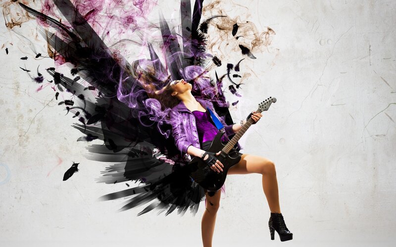 Woman Playing Electric Guitar — Purple, Dramatic
