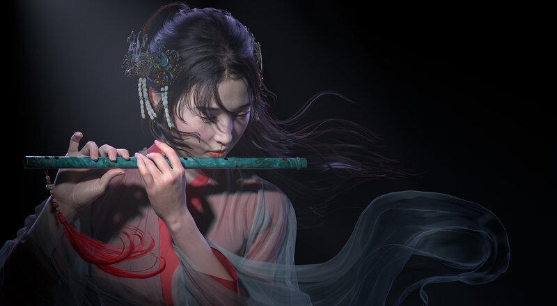 Woman Playing Flute — Black, Dramatic, Night