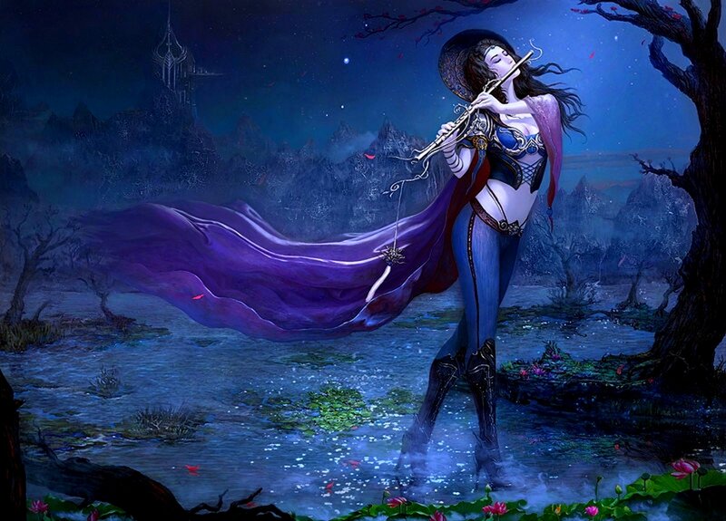 Woman Playing Flute — Blue, Dramatic, Night, Digital Art, Cape